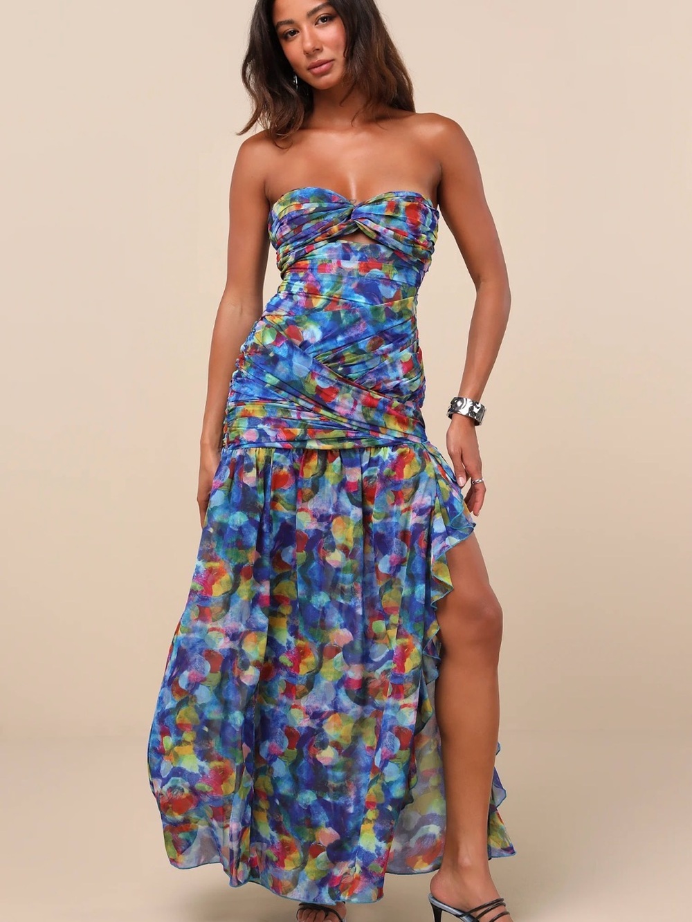 Lulus Jeniah Blue Multi Abstract Print Drop Waist Maxi Dress Size Small NEW